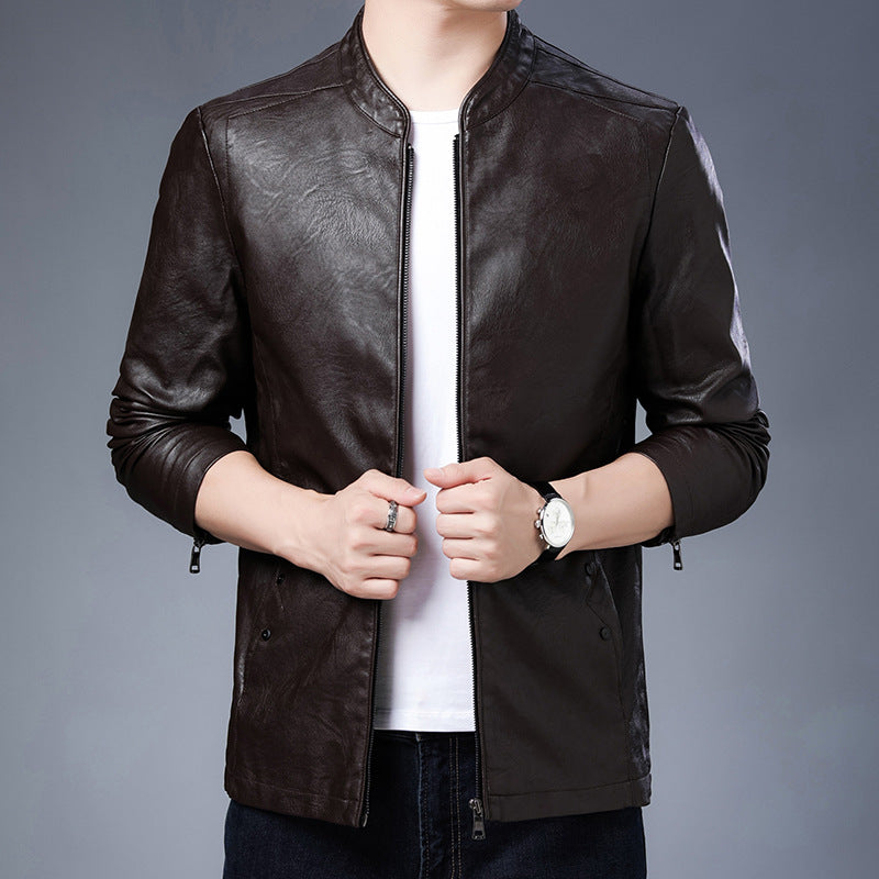 Herren schlanker Lederoptik-Blouson im Aviator-Minimalstil mit Stehkragen und Reißverschlussärmeln Drune