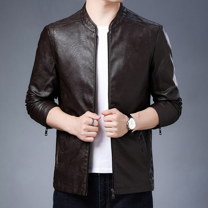 Herren schlanker Lederoptik-Blouson im Aviator-Minimalstil mit Stehkragen und Reißverschlussärmeln Drune