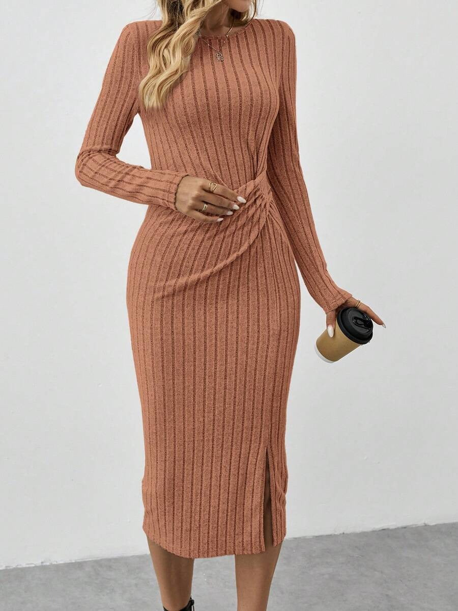 Damen Gerippetes Midikleid aus Feinstrick mit gedrehtem Taillendetail Drune