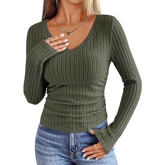 Damen Geripptes tailliertes Langarm-Feinstrickshirt mit V‑Ausschnitt und Ärmelschlitz Drune