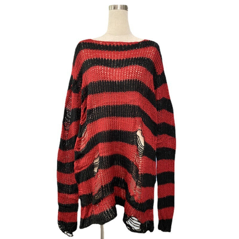 Damen nan Oversized Grobstrickpullover mit breiten Blockstreifen und aufgerissenem Design Drune