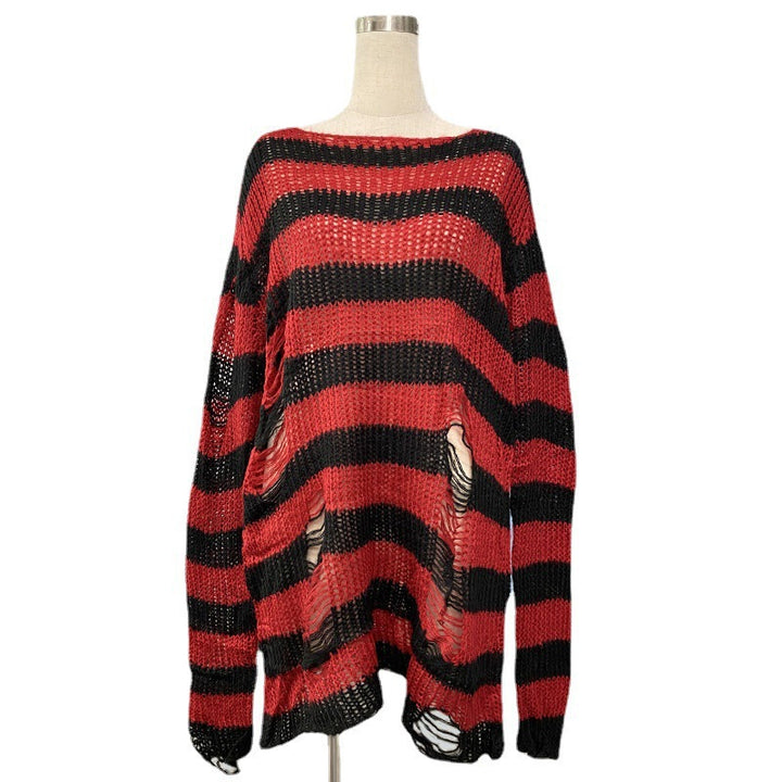 Damen nan Oversized Grobstrickpullover mit breiten Blockstreifen und aufgerissenem Design Drune