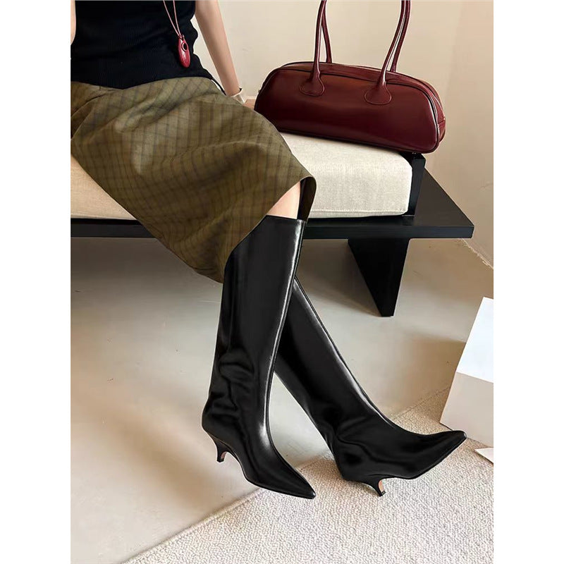 Damen Kniehohe Lackstiefel mit spitzer Zehenform und schlankem Kitten-Absatz Drune