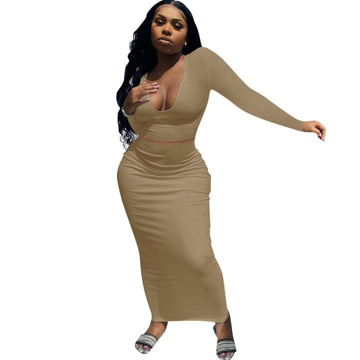Damen Figurbetontes Maxikleid mit langem Arm und tiefem V-Ausschnitt Drune