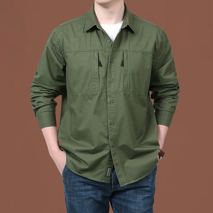 Herren  leichtes Baumwoll-Utility-Overshirt mit zwei verdeckten Brusttaschen und klassischem Kentkragen Drune