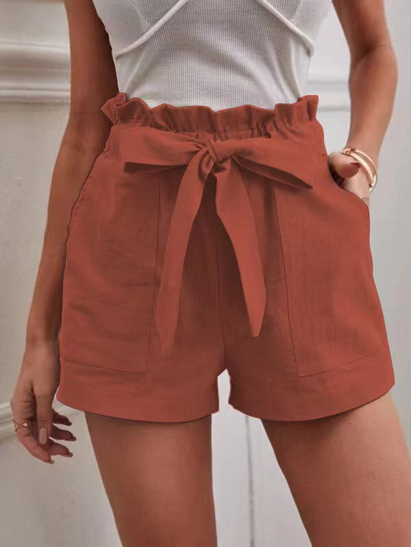 Damen Leichte Shorts mit dekorativem Bindegürtel und elastischem Bund Drune