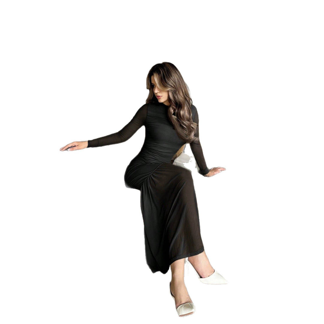 Damen enganliegendes Maxikleid mit langärmeligem Sculpting-Oberteil, taillierter Raffung und transparentem Stufenrock Drune