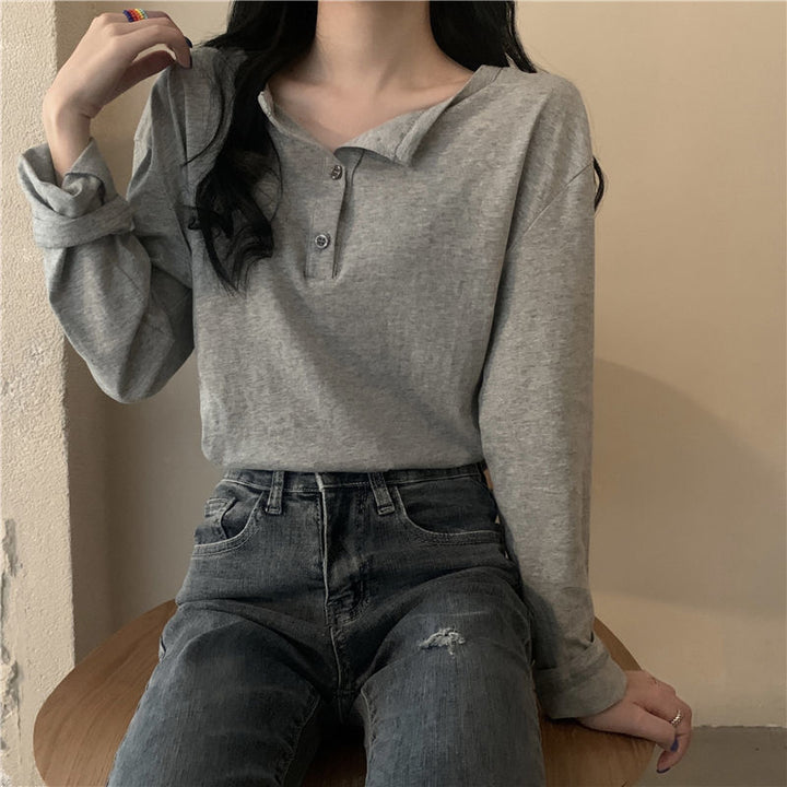 Damen Langarm-Henley-Shirt mit modernem Kragen und durchgehender Knopfleiste Drune