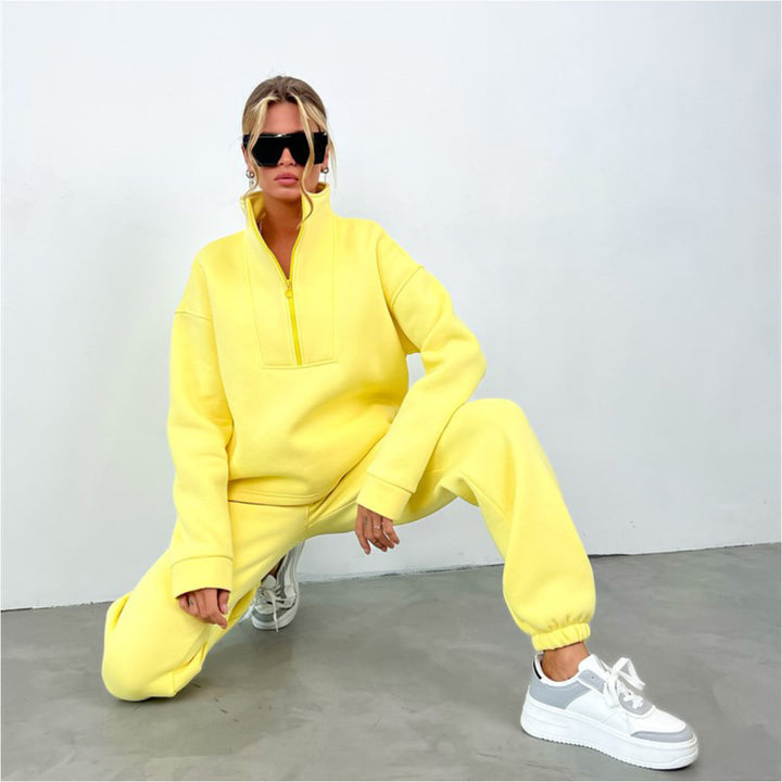Damen Oversize-Halbzip-Lounge-Set aus schwerem French-Terry mit hohem Stehkragen Drune