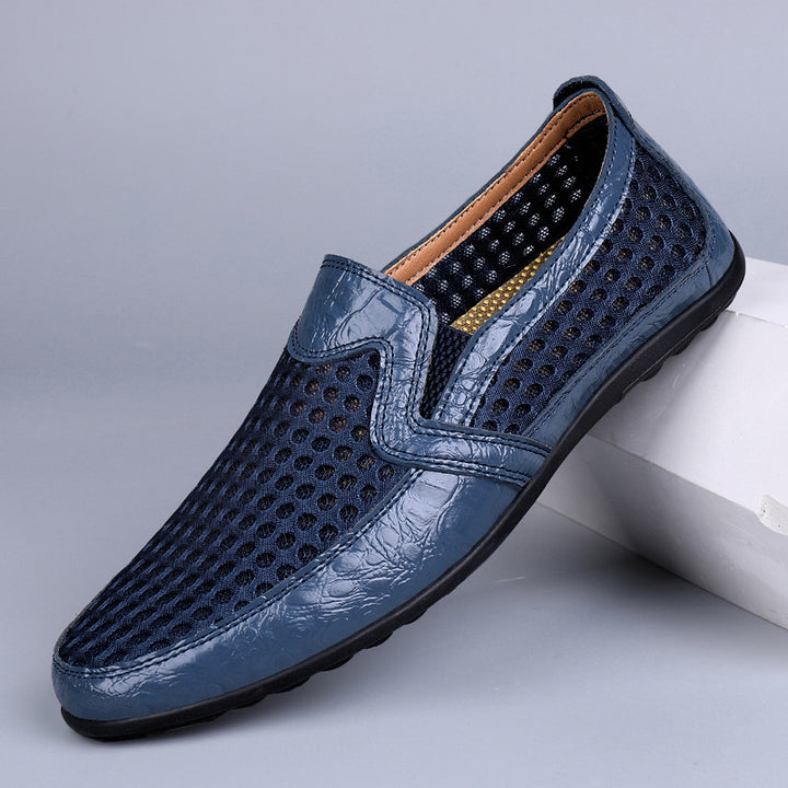 Herren Atmungsaktiver Lochleder-Slipper im Mokassin-Stil mit flexibler Gummisohle Drune