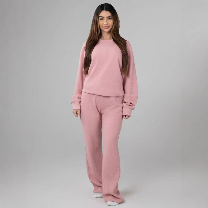 Damen geräumiges Waffelstrick-Loungewear-Set mit Rundhalsausschnitt und Tunnelzughose Drune