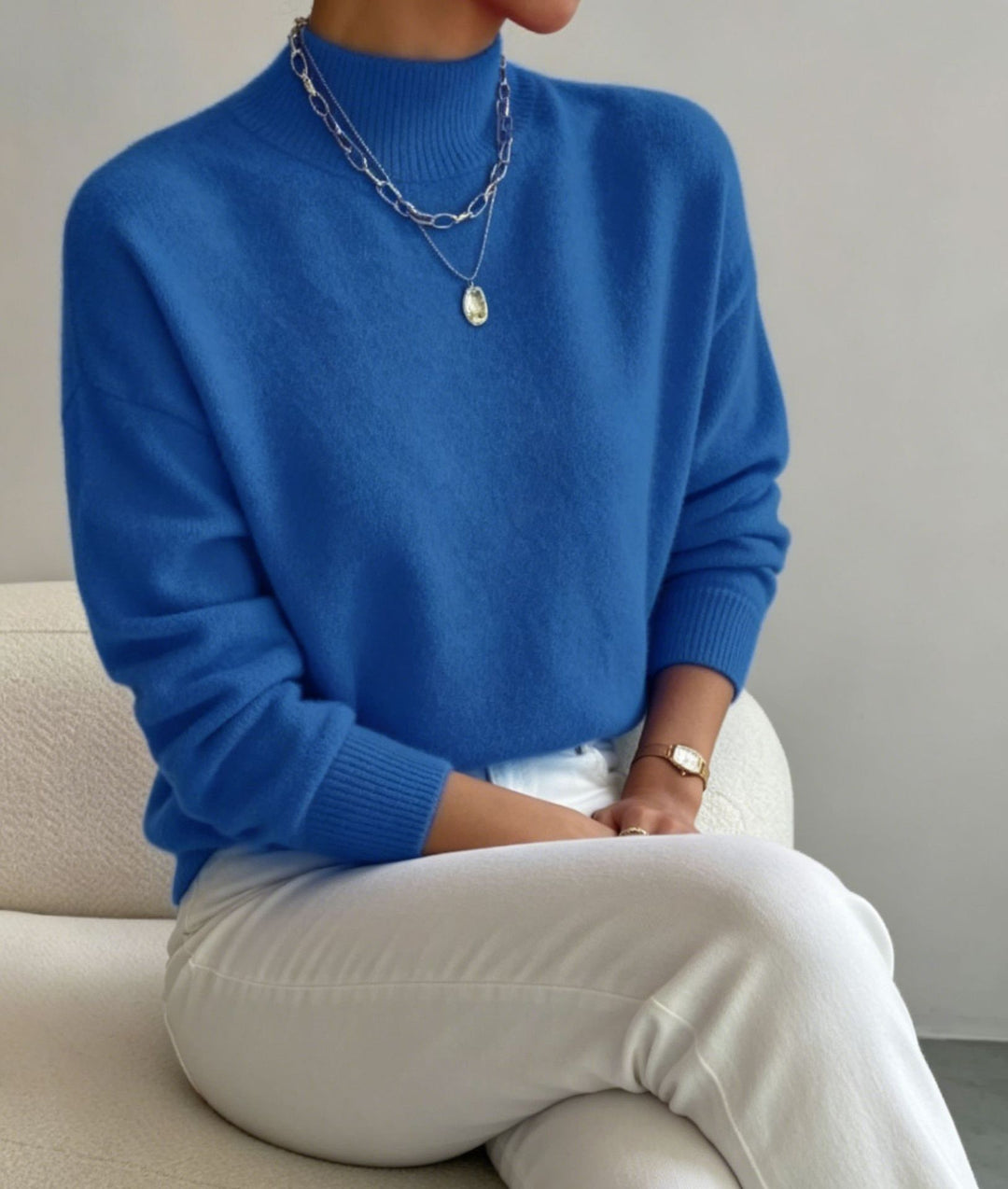Damen kuscheliger Feinstrickpullover mit Stehkragen und überschnittener Schulter Drune