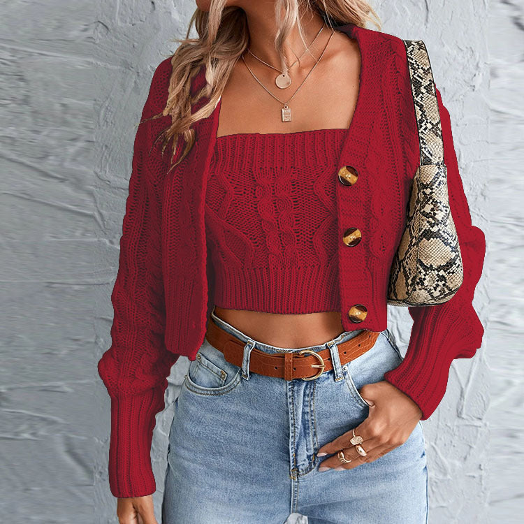 Damen lässiges Strick-Set mit offener Jacke und Crop-Top Drune