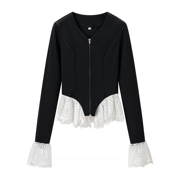 Damen Taillierte Kurzjacke mit Mittelreißverschluss und Spitzenvolants Drune