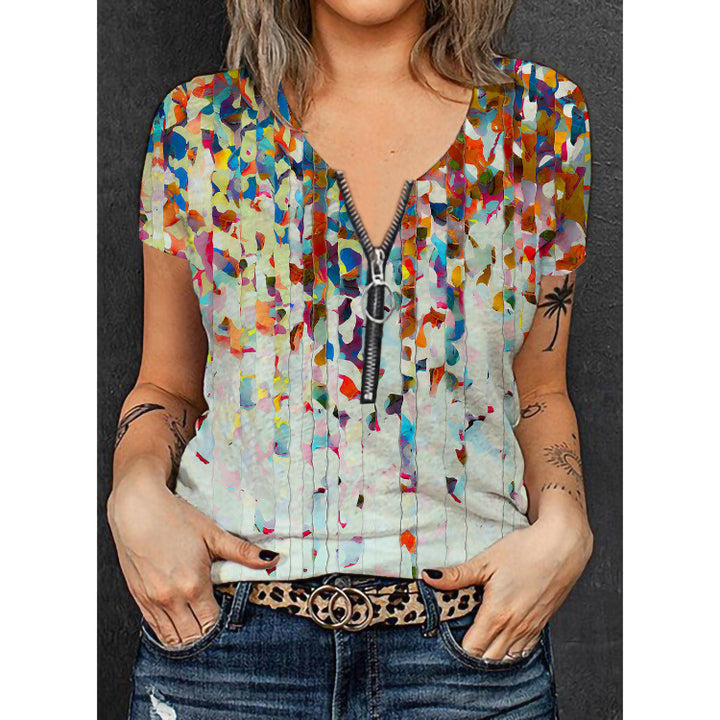 Damen Modisches T-Shirt mit Reißverschluss und floralem Design Drune