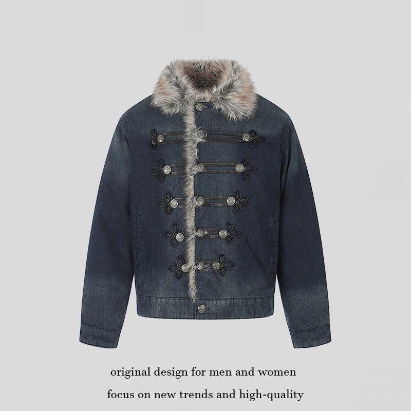 Damen Jeansjacke mit Kunstfellkragen und militärischen Zierknöpfen Drune