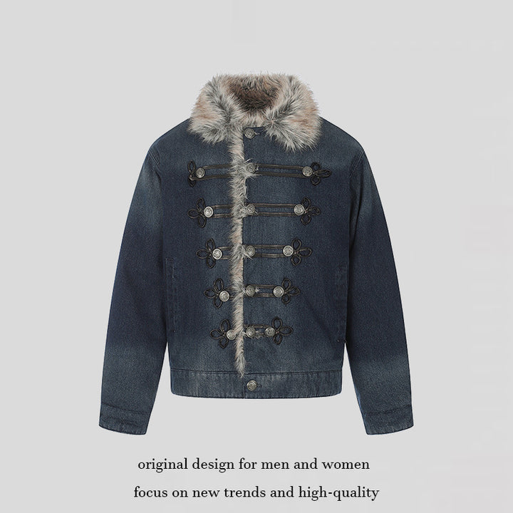Damen Jeansjacke mit Kunstfellkragen und militärischen Zierknöpfen Drune