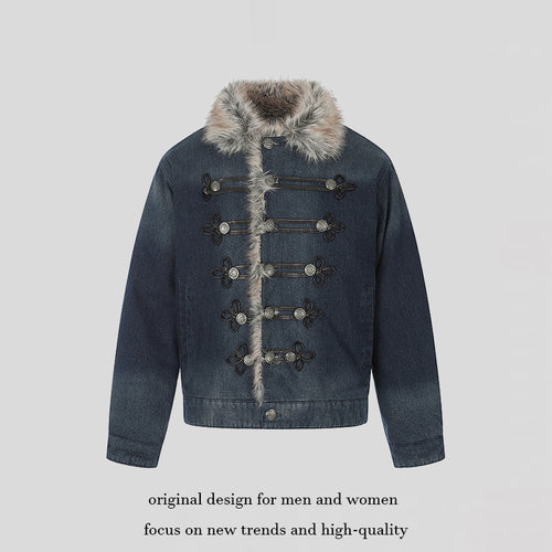 Damen Jeansjacke mit Kunstfellkragen und militärischen Zierknöpfen Drune
