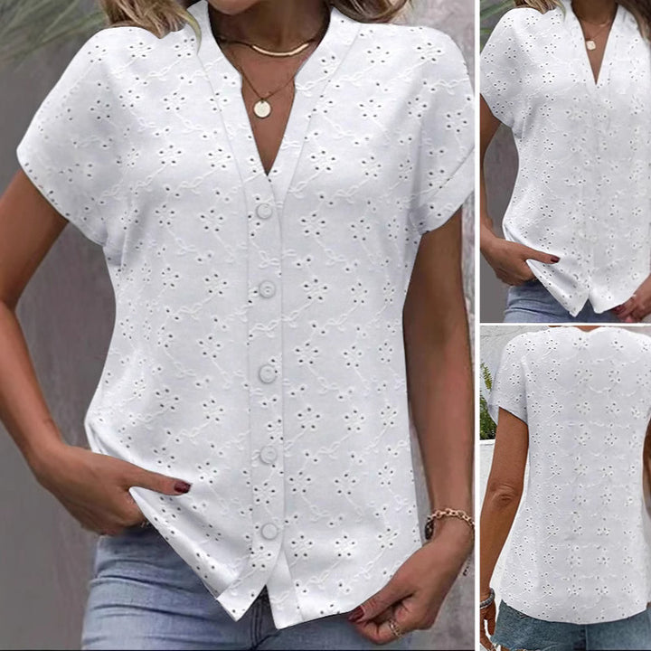 Damen nan leichte Ajourspitzen-Bluse mit V-Ausschnitt durchgehender Knopfleiste und umgeschlagenen Kurzärmeln Drune
