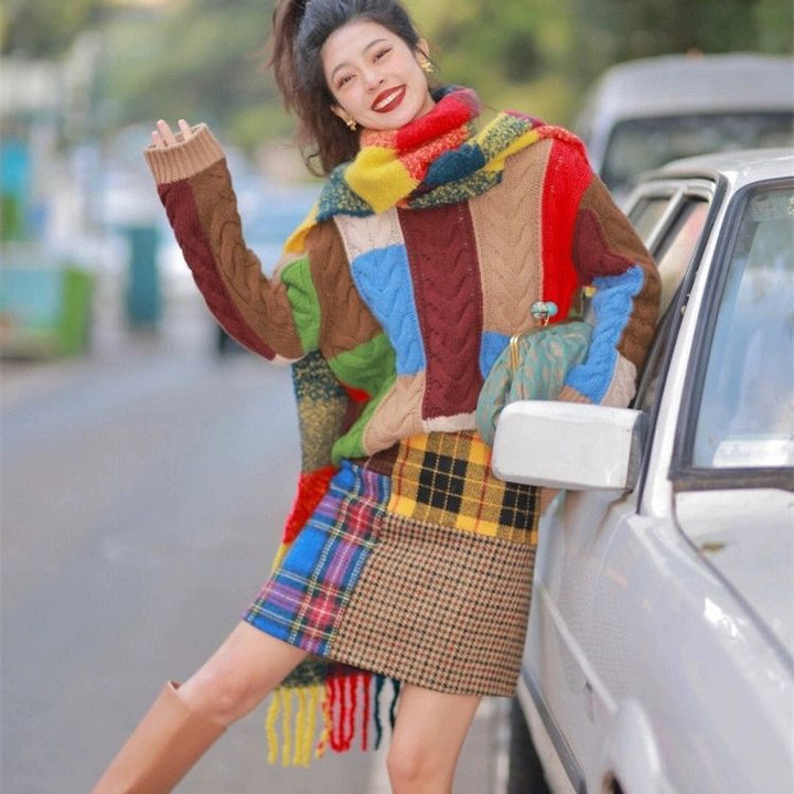 Damen Grobstrickpullover mit auffälligem Patchwork-Muster Drune