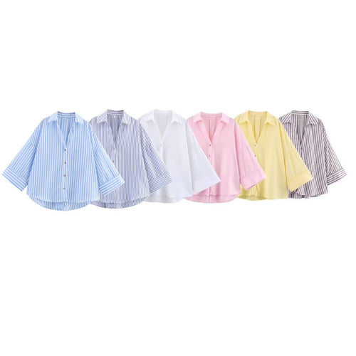 Damen nan oversized Streifen-Hemdbluse mit überschnittener Schulter, 3/4-Ärmel und verlängertem Rückensaum Drune