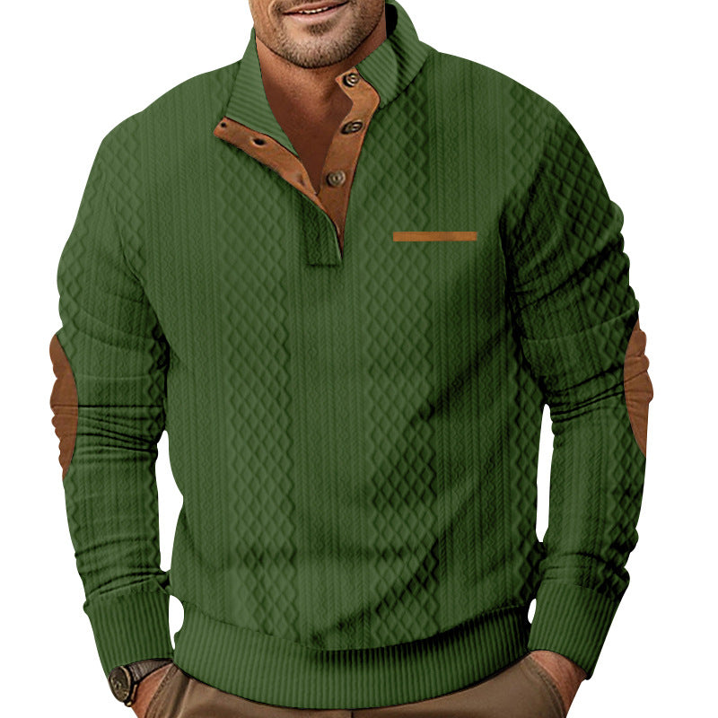 Herren Strukturiertes Kabelstrick-Sweatshirt mit Halbknopfblende, Kunstleder‑Patchtasche & Ellbogenpatches Drune