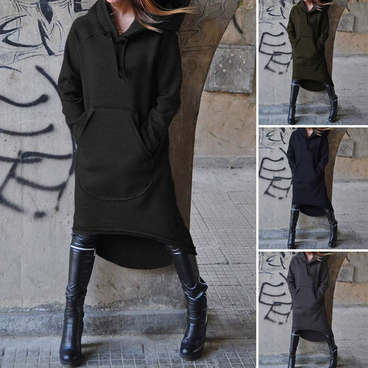 Damen nan Oversize Kapuzenkleid mit hohem Rückensaum, Kängurutasche und lässigem Streetstyle-Schnitt Drune