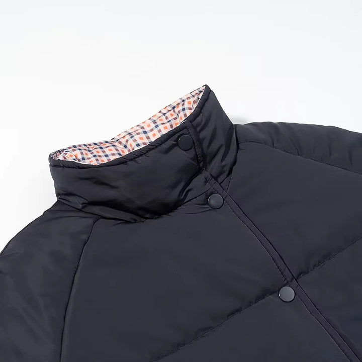 Damen nan warme Oversize-Steppjacke mit kariertem Innenfutter, Stehkragen und Tunnelzugsaum Drune