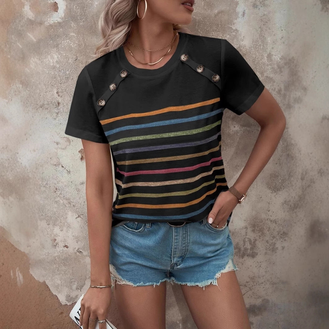 Damen gestreiftes T-Shirt mit modischen Knopfdetails und Rundhalsausschnitt Drune