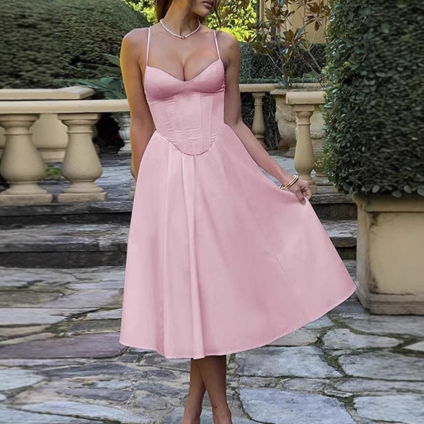 Damen Elegantes A-Linien Midi-Kleid mit Spaghettiträgern und weichem Stoff Drune
