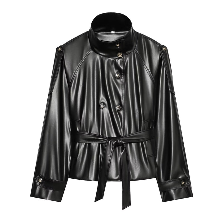 Damen Kurzer Trench‑Blouson in Lederoptik mit Taillengürtel, hohem Stehkragen und doppelter Knopfleiste Drune