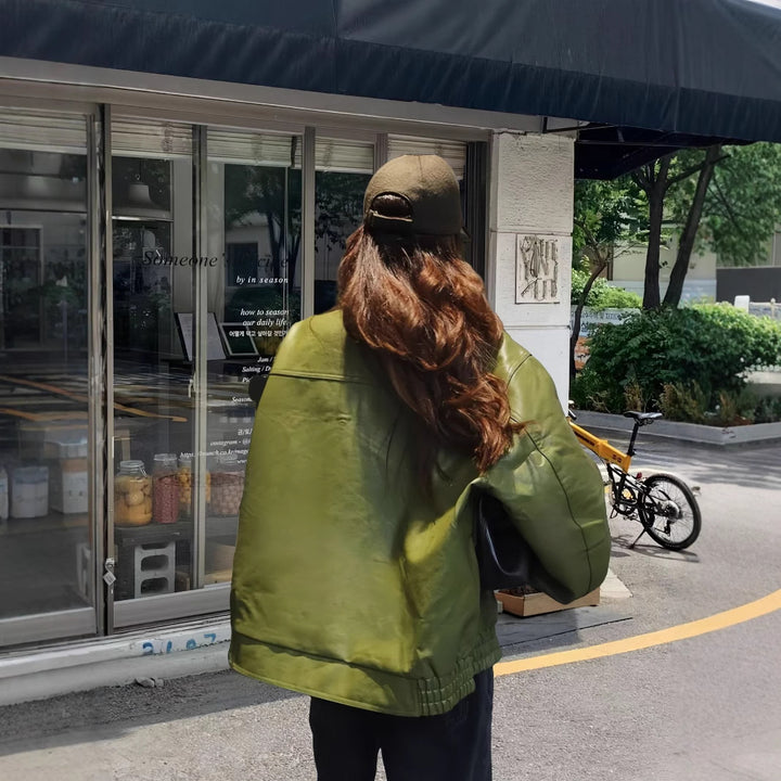 Damen lässige Kunstlederjacke mit voluminösen Ärmeln Drune