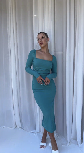 Damen Figurbetontes Maxikleid mit schmalem Schnitt und langen Ärmeln Drune