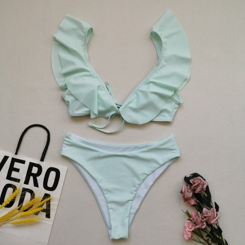 Damen Bikiniset mit Rüschen und Pflanzenmuster Drune