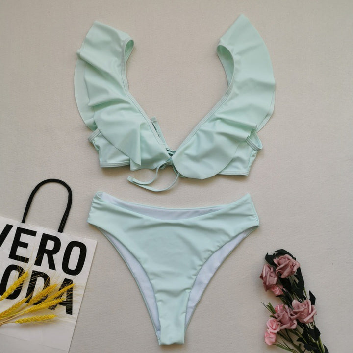Damen Bikiniset mit Rüschen und Pflanzenmuster Drune