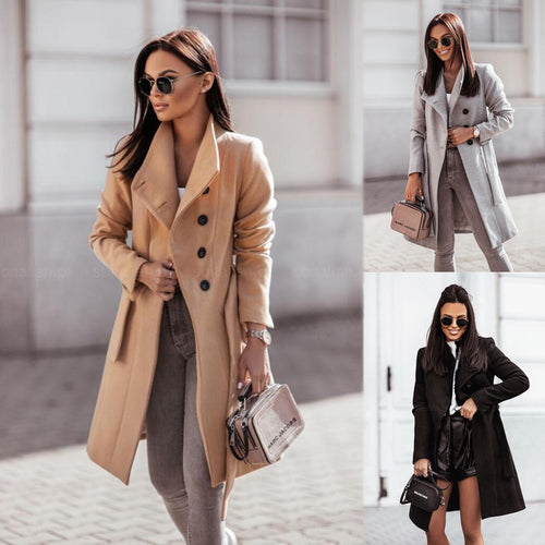 Damen Eleganter, taillierter Wintermantel mit tiefen Taschen und schickem Revers Drune