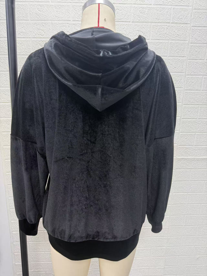 Damen Oversize Kapuzen-Samtjacke mit Knopfleiste und aufgesetzten Taschen Drune
