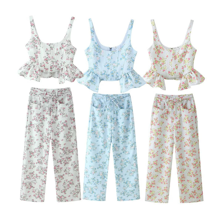 Damen Oberteil und Hose Set mit floralem Design und voluminösem Schnitt Drune
