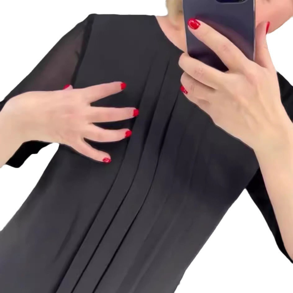 Damen elegantes Rüschenkleid mit transparenten Ärmeln Drune