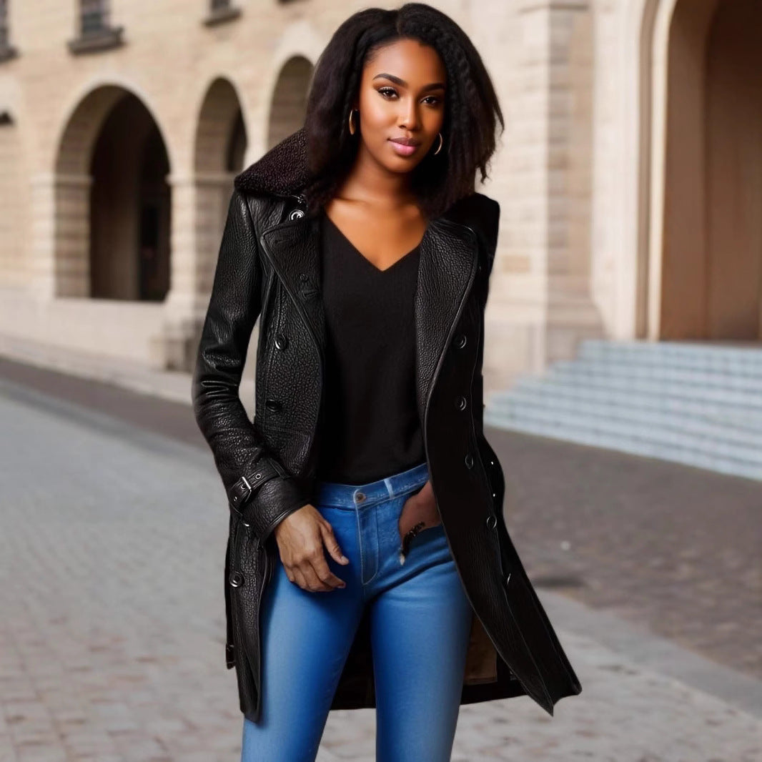 Damen edler Leder-Trenchcoat mit verschließbarem Kragen und raffinierten Details Drune