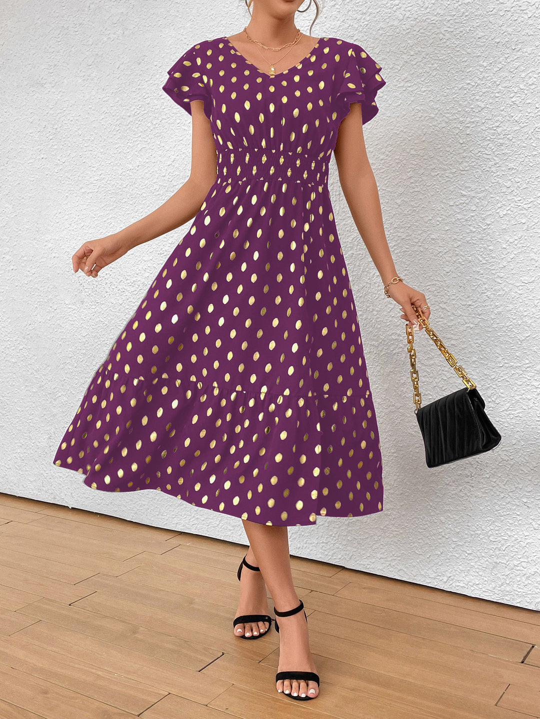 Damen Maxikleid mit Rüschendetails und schimmerndem Punktmuster Drune