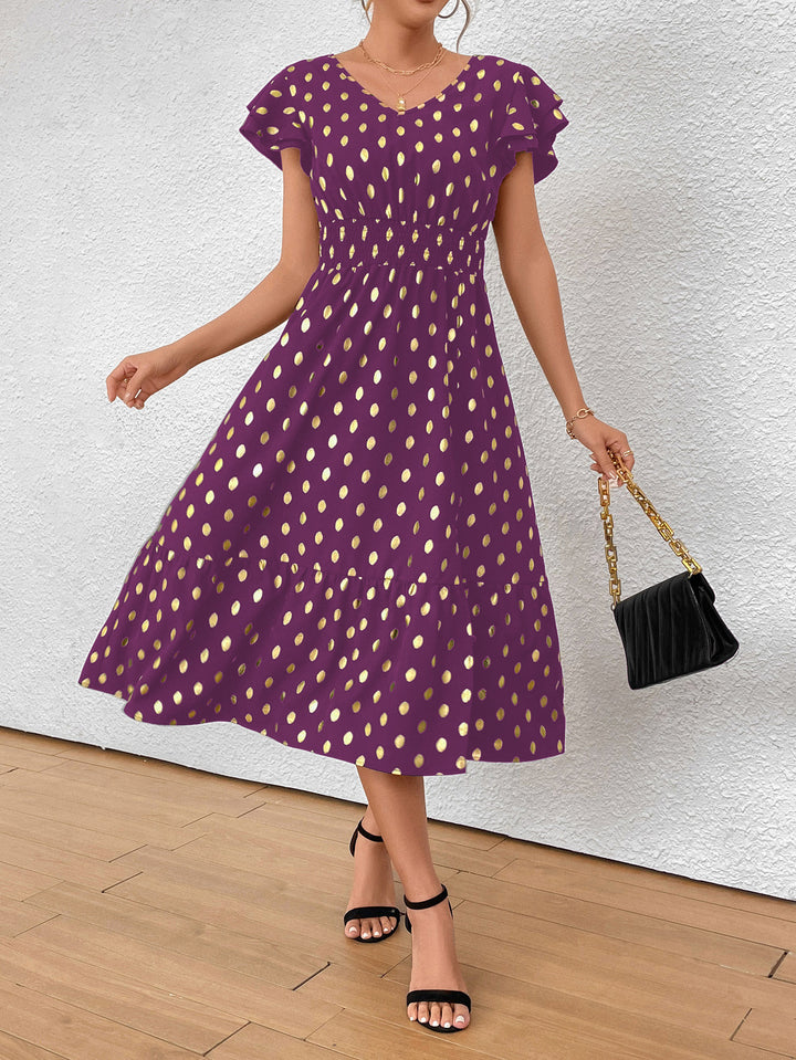 Damen Maxikleid mit Rüschendetails und schimmerndem Punktmuster Drune