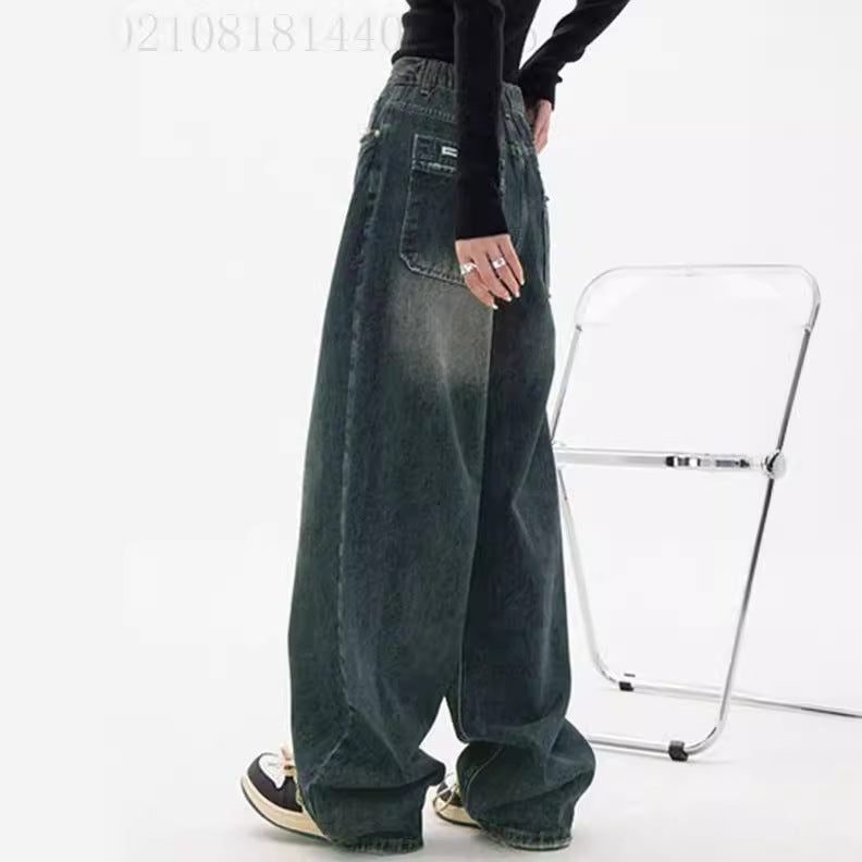 Damen nan hochgeschnittene extraweite Baggy-Jeans mit überlangem Saum und Vintageoptik Drune