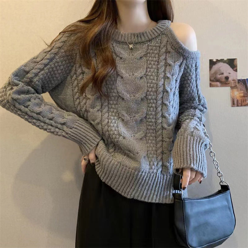 Damen Grobstrickpullover mit asymmetrischem Schulterdesign und Zopfmuster Drune