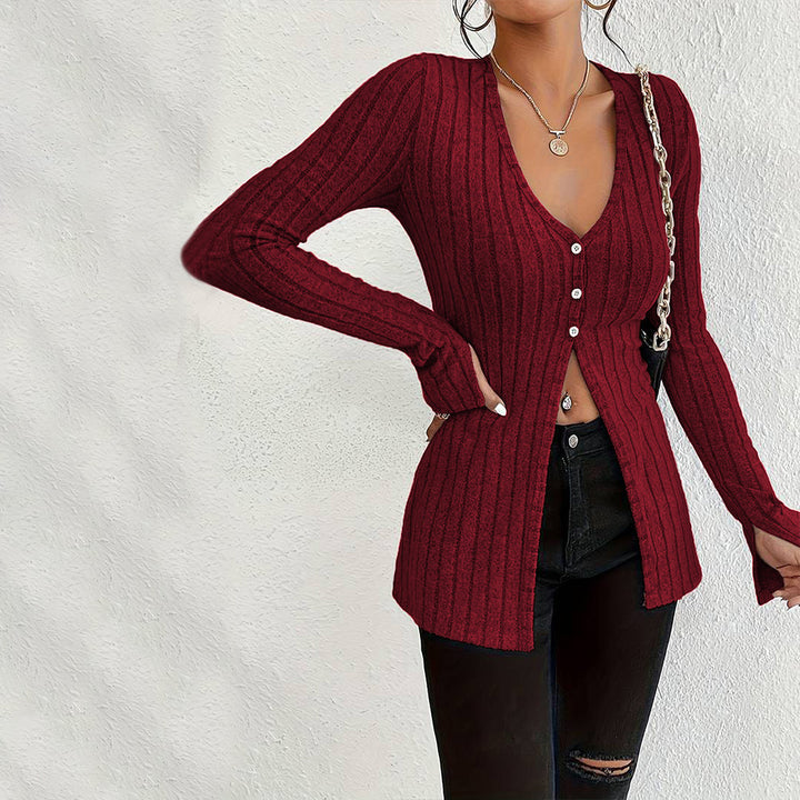 Damen gerippter V-Ausschnitt-Cardigan mit Knopfleiste taillierter Longline-Silhouette Drune