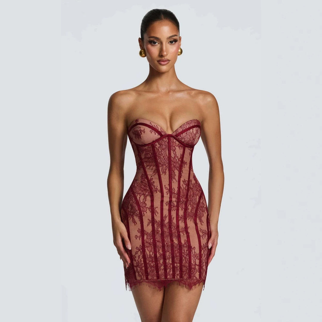 Damen Raffiniertes Spitzenkleid mit trägerlosem Design und edlen Verzierungen Drune