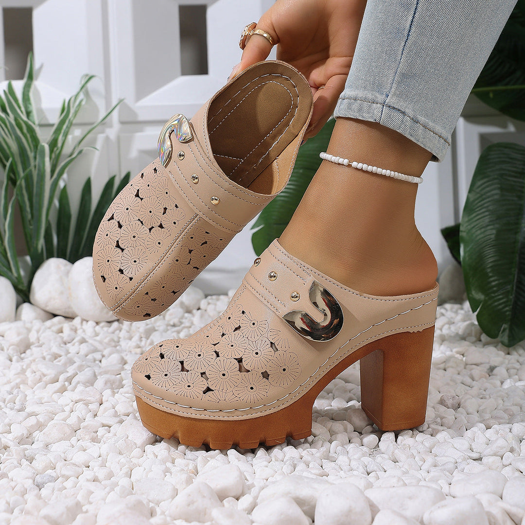 Damen modische Clogs mit perforiertem Design und elegantem Blockabsatz Drune