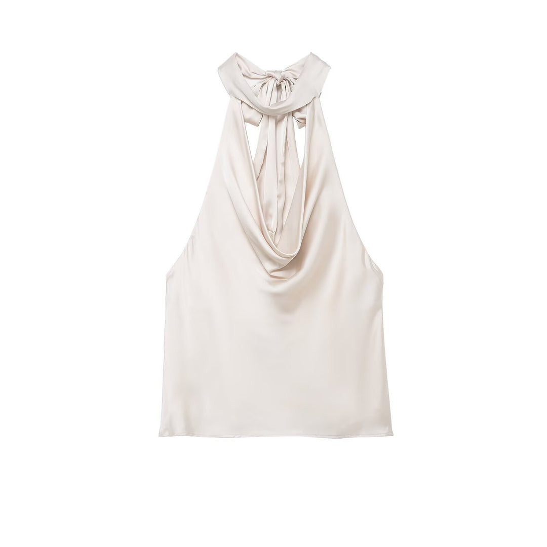 Damen elegantes Haltertop aus fließendem Satin mit dekorativem Rückenausschnitt Drune