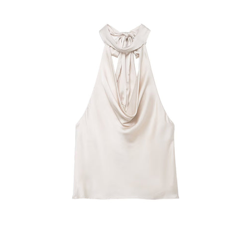 Damen elegantes Haltertop aus fließendem Satin mit dekorativem Rückenausschnitt Drune