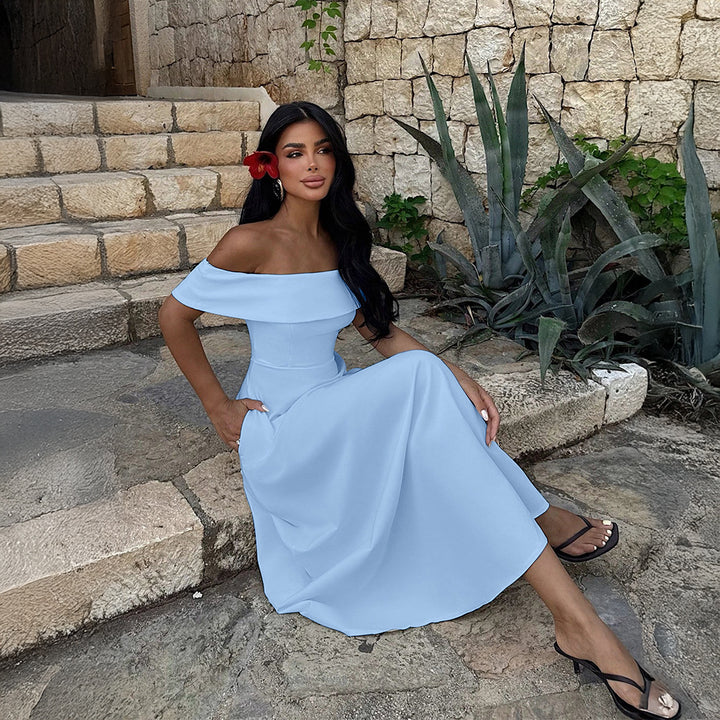 Damen Off-Shoulder Maxikleid mit Taschen und eleganter Silhouette Drune